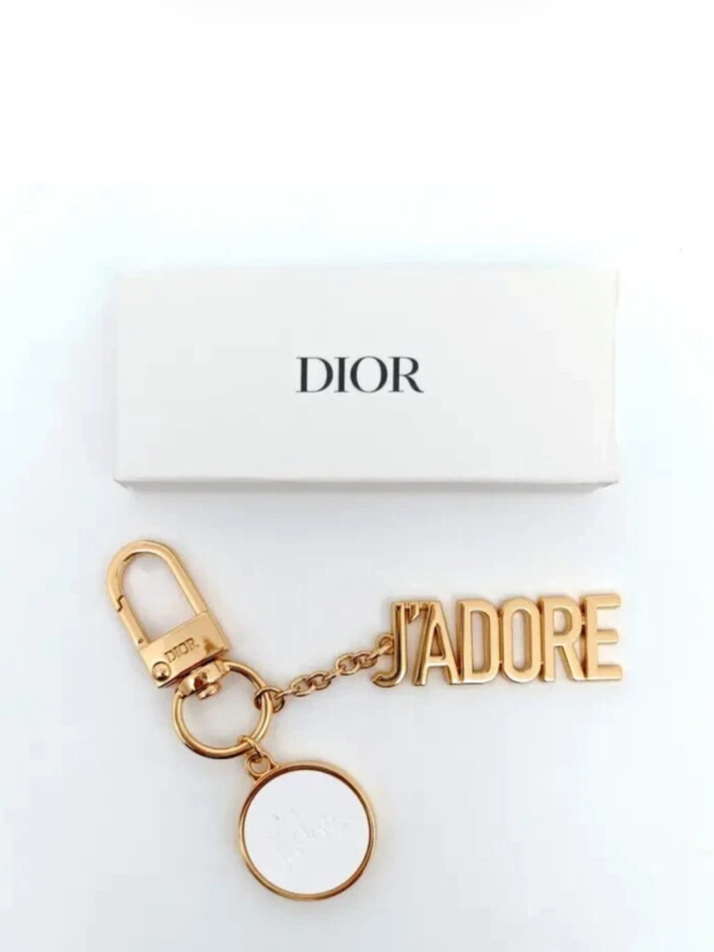 Dior Gold-Tone 'JADORE' Lettering & White Medallion Keychain